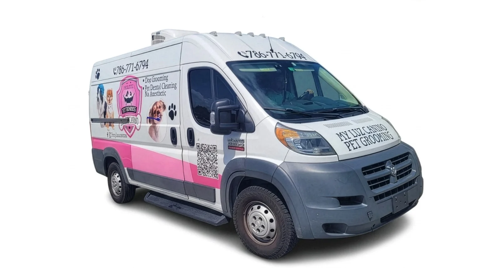 Full front angle view of My Luz Canino mobile grooming van
