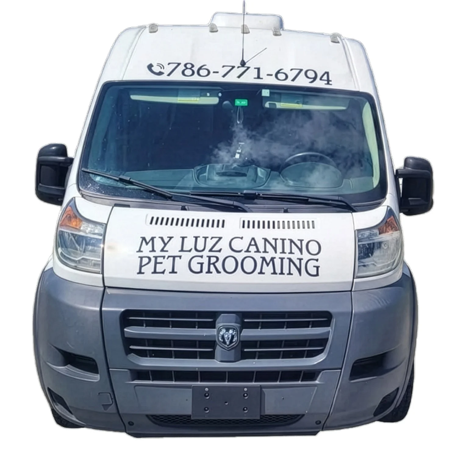 Full front view of My Luz Canino mobile grooming van